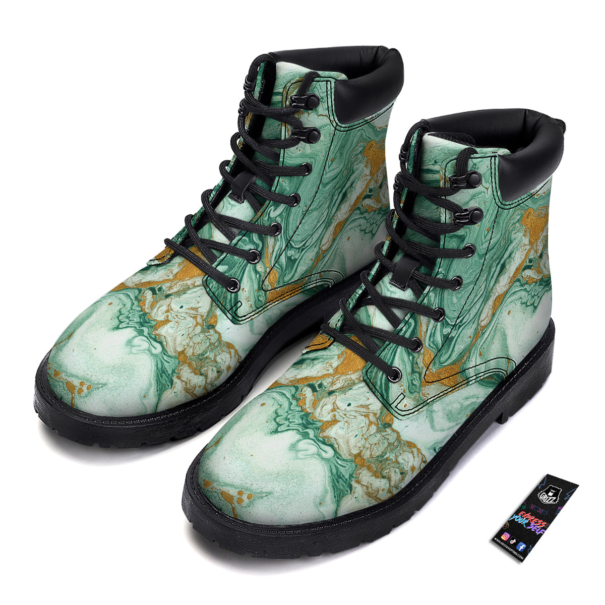 Golden And Green Marble Textue Print Boots-grizzshop
