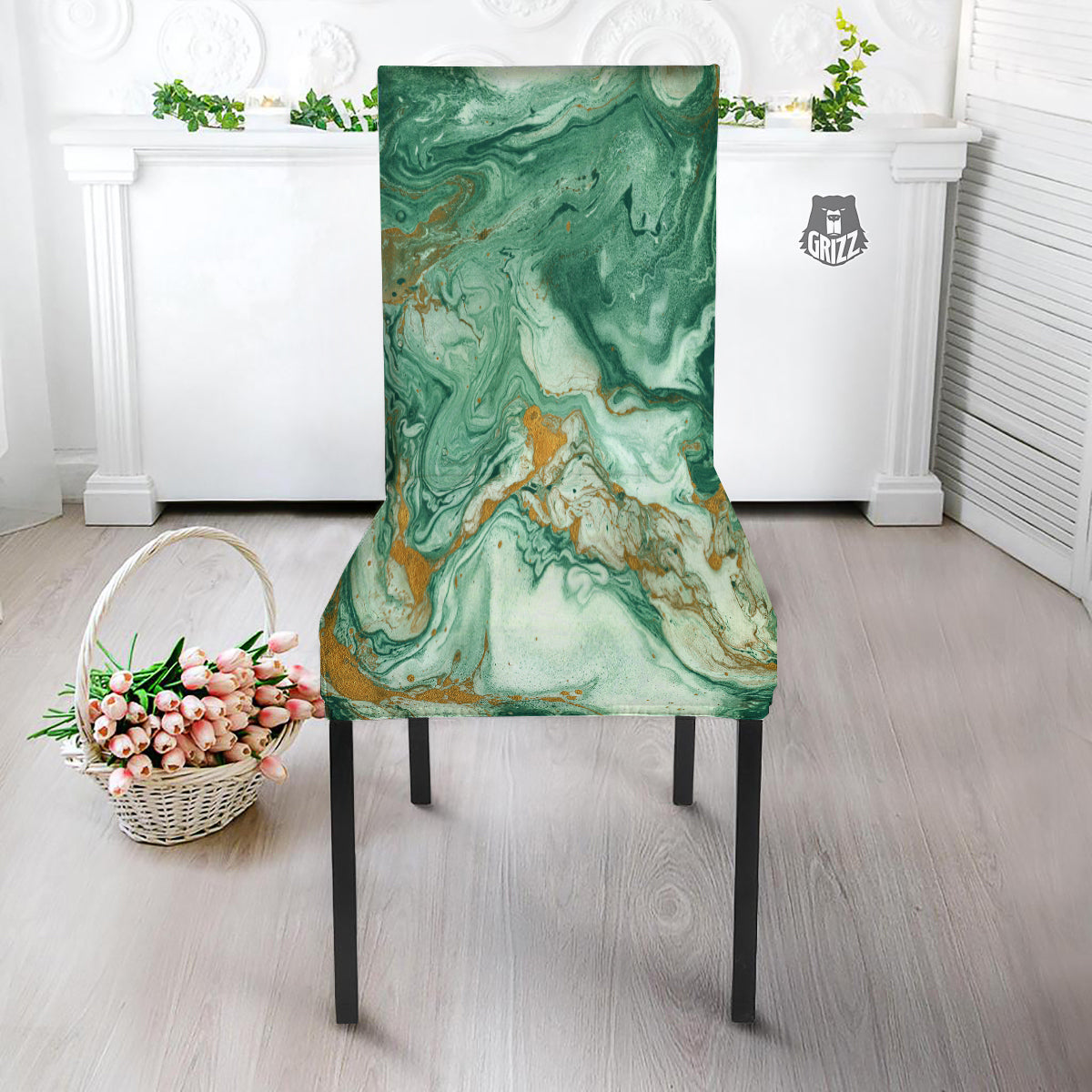 Golden And Green Marble Textue Print Dining Chair Slipcover-grizzshop
