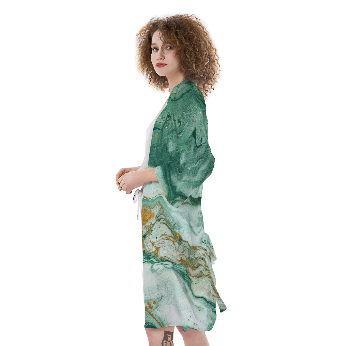 Golden And Green Marble Textue Print Kimono-grizzshop
