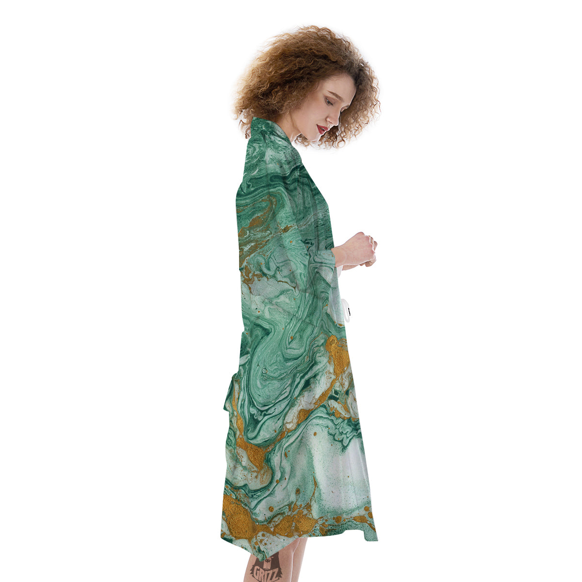 Golden And Green Marble Textue Print Kimono-grizzshop