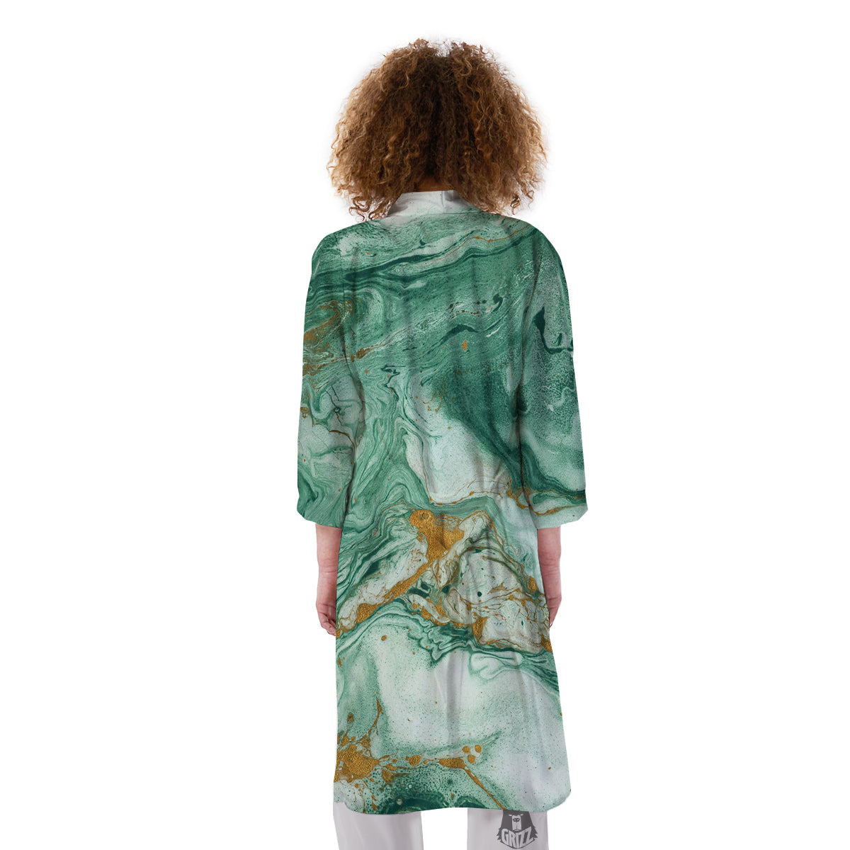 Golden And Green Marble Textue Print Kimono-grizzshop