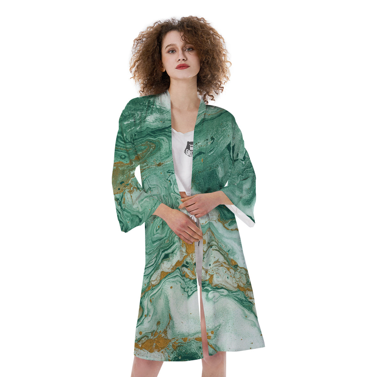 Golden And Green Marble Textue Print Kimono-grizzshop