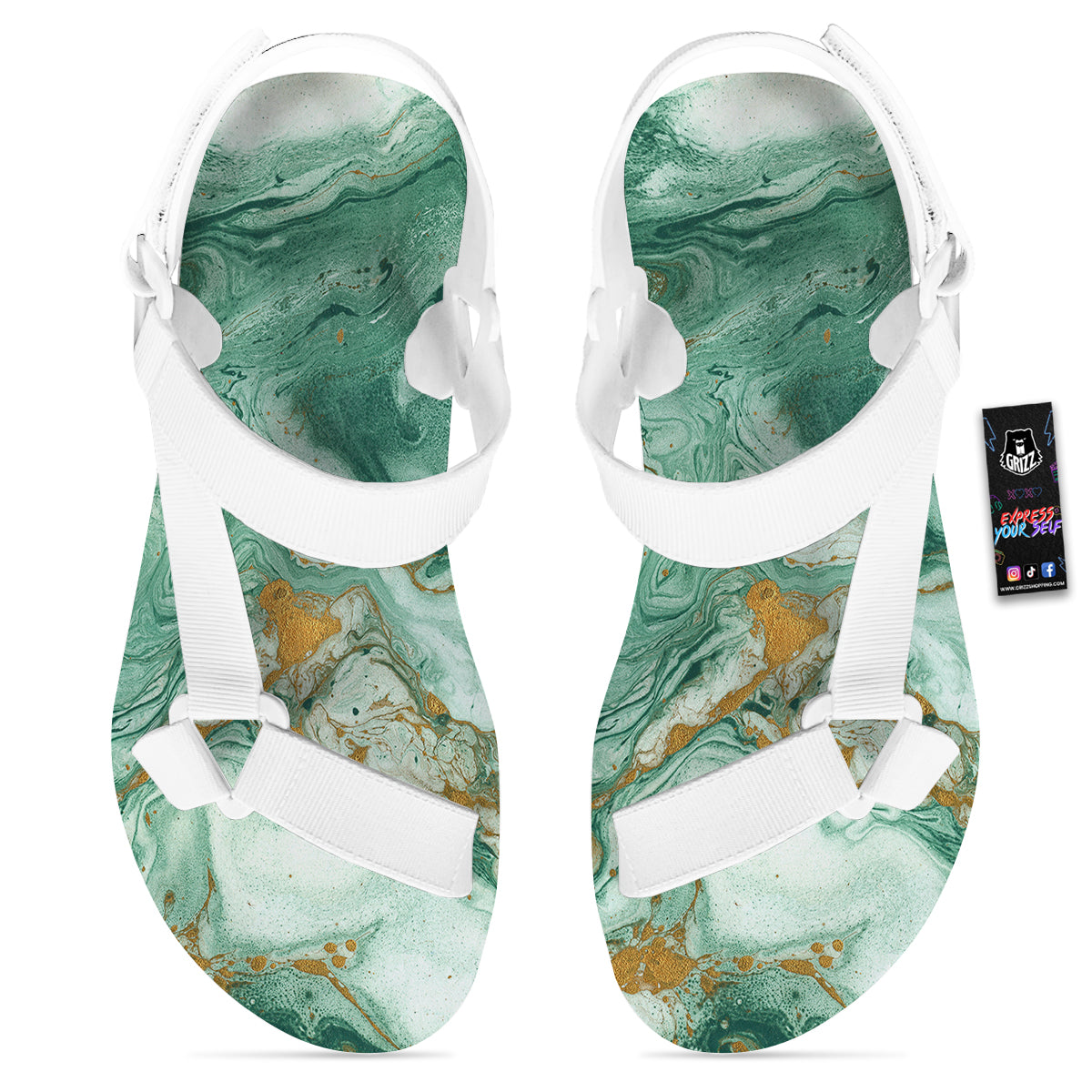 Golden And Green Marble Textue Print White Open Toe Sandals-grizzshop