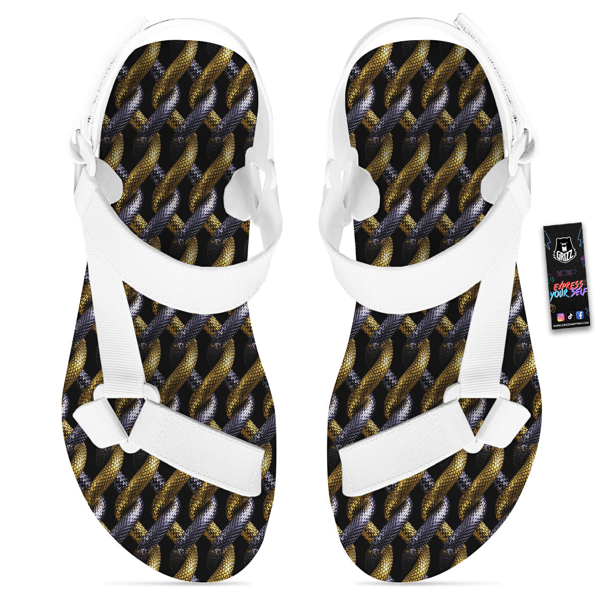Golden And Silver Snakes 3D Print Pattern White Open Toe Sandals-grizzshop