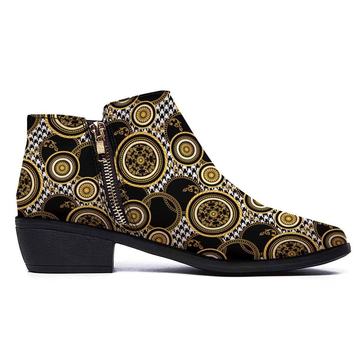 Golden Baroque And Black Houndstooth Print Pattern Ankle Boots-grizzshop