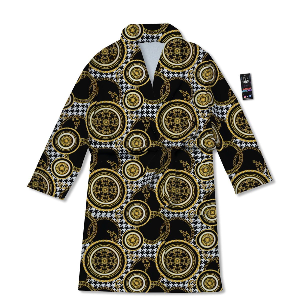 Golden Baroque And Black Houndstooth Print Pattern Bathrobe-grizzshop