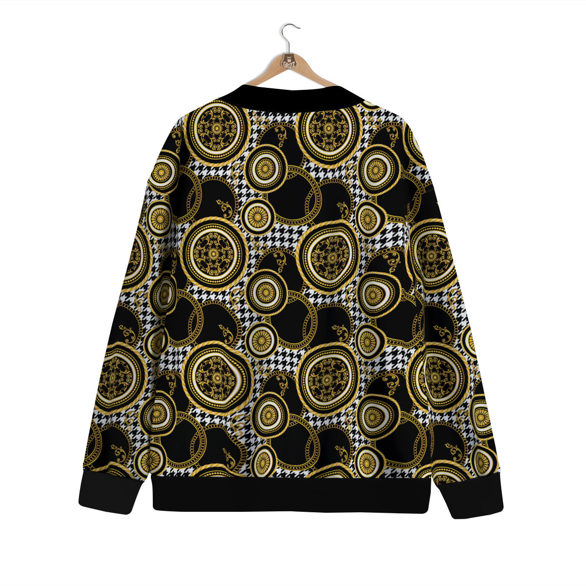 Golden Baroque And Black Houndstooth Print Pattern Cardigan-grizzshop