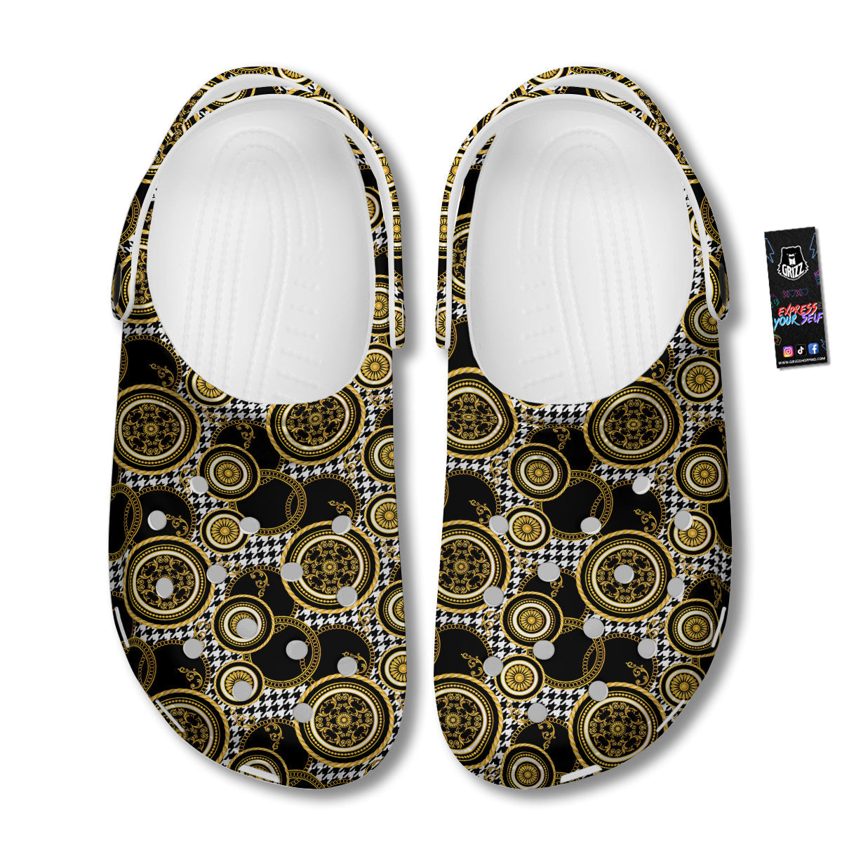 Golden Baroque And Black Houndstooth Print Pattern Clog-grizzshop