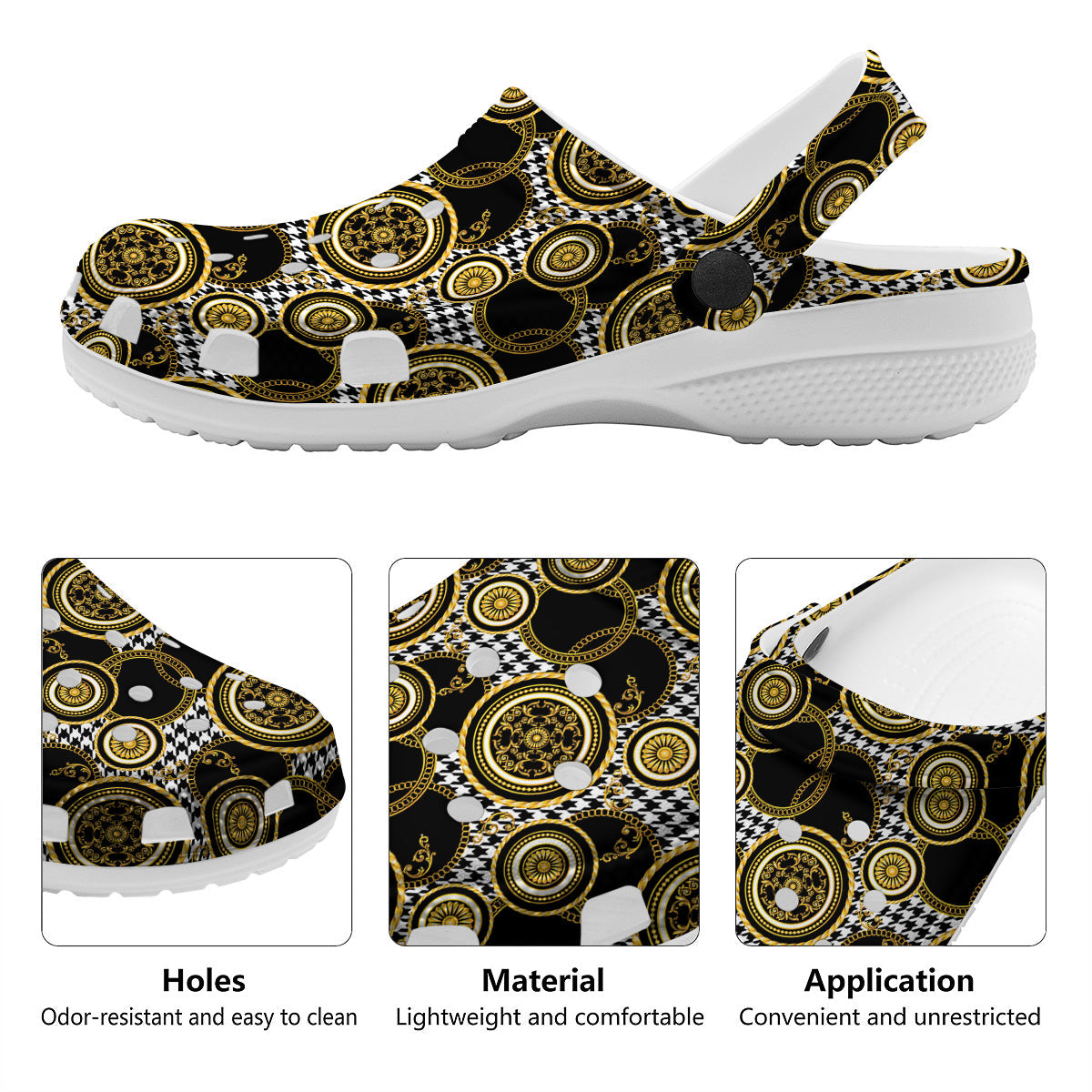 Golden Baroque And Black Houndstooth Print Pattern Clog-grizzshop
