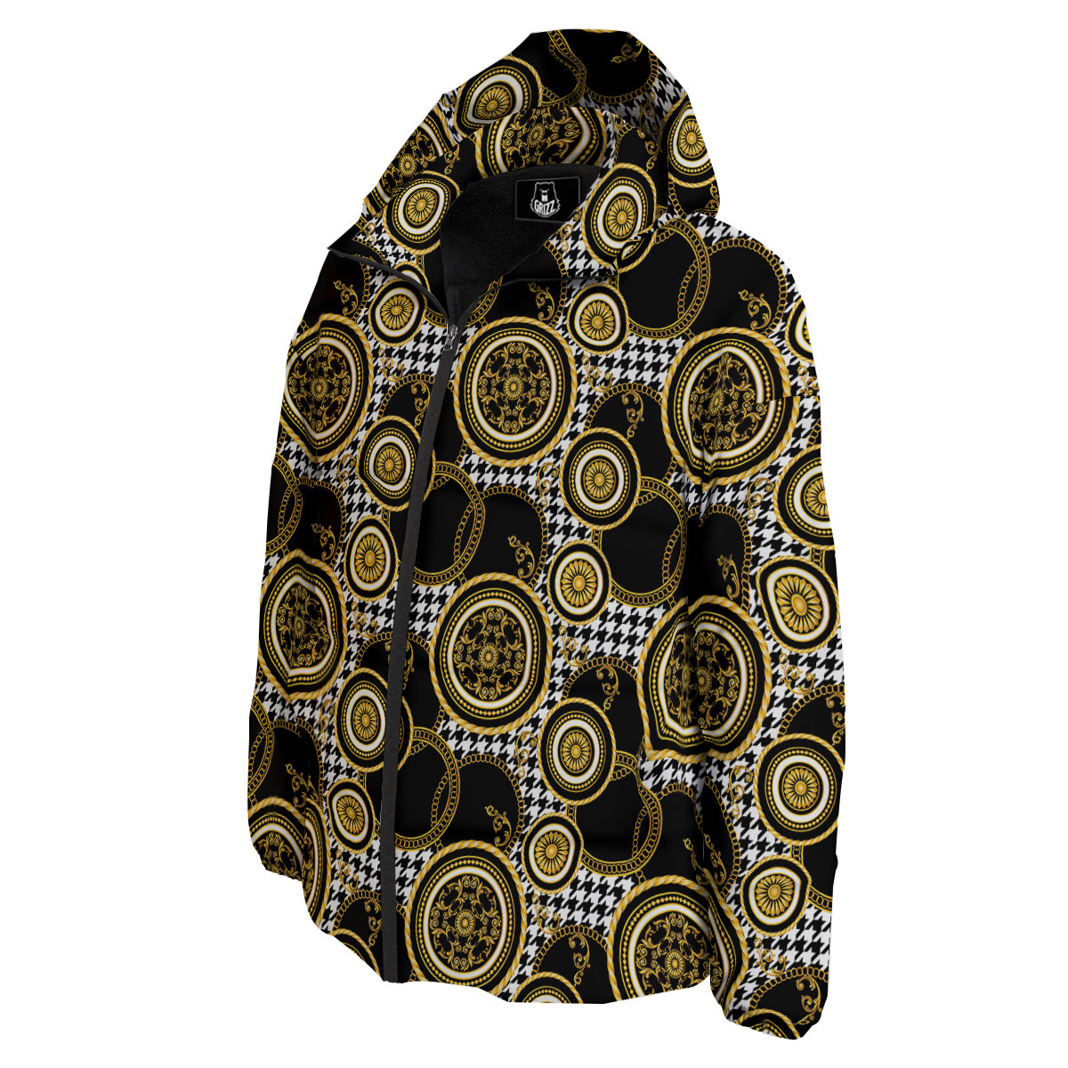 Golden Baroque And Black Houndstooth Print Pattern Down Jacket-grizzshop
