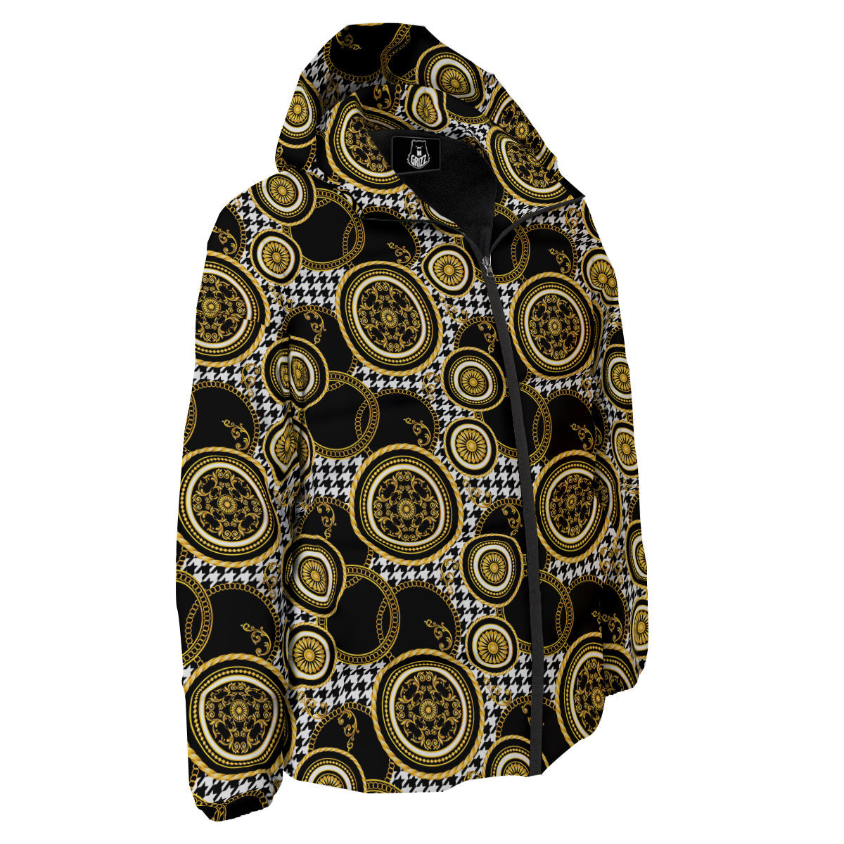 Golden Baroque And Black Houndstooth Print Pattern Down Jacket-grizzshop