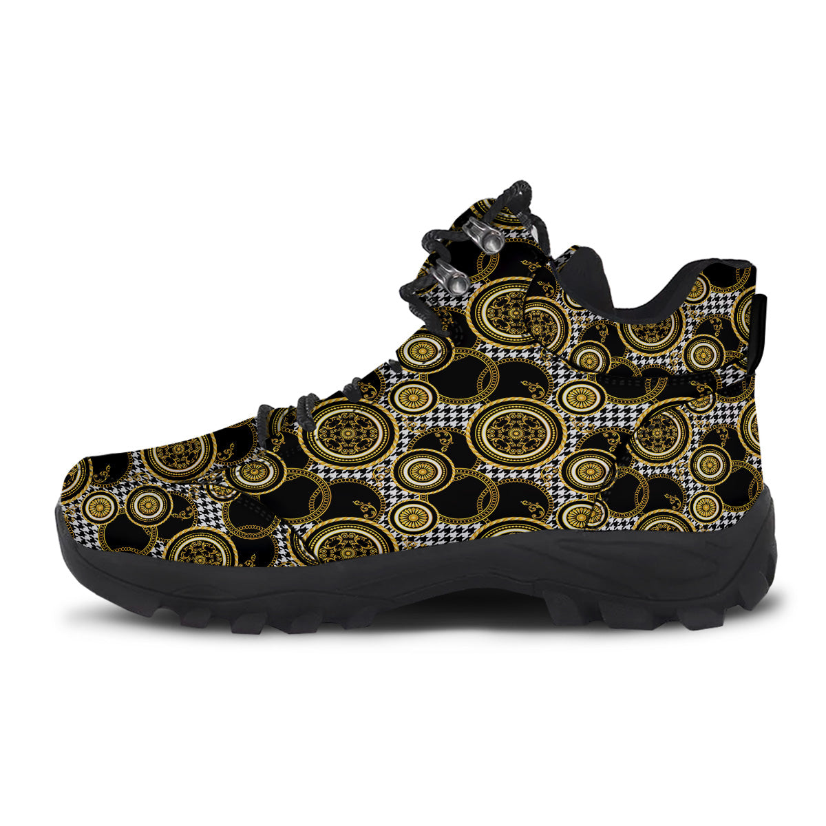 Golden Baroque And Black Houndstooth Print Pattern Hiking Shoes-grizzshop