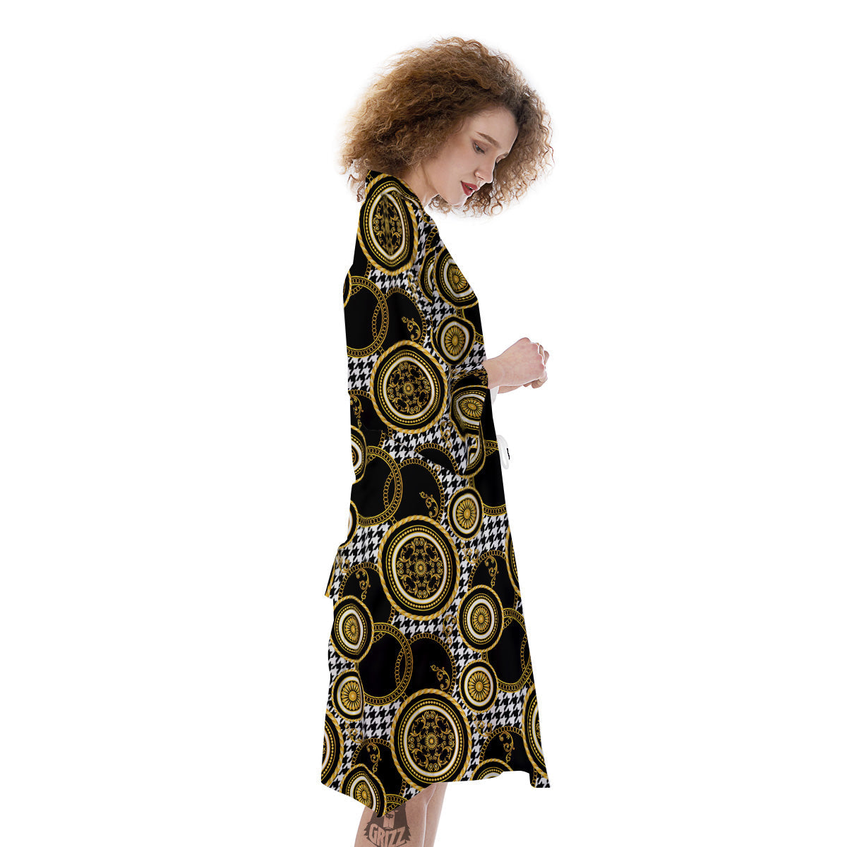 Golden Baroque And Black Houndstooth Print Pattern Kimono-grizzshop