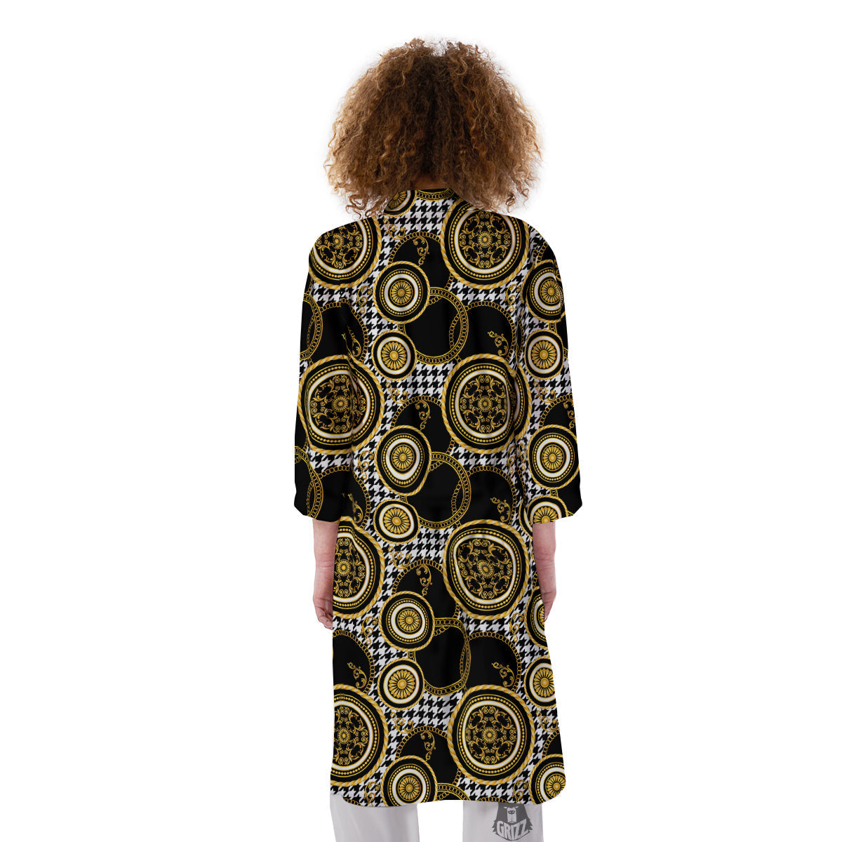 Golden Baroque And Black Houndstooth Print Pattern Kimono-grizzshop