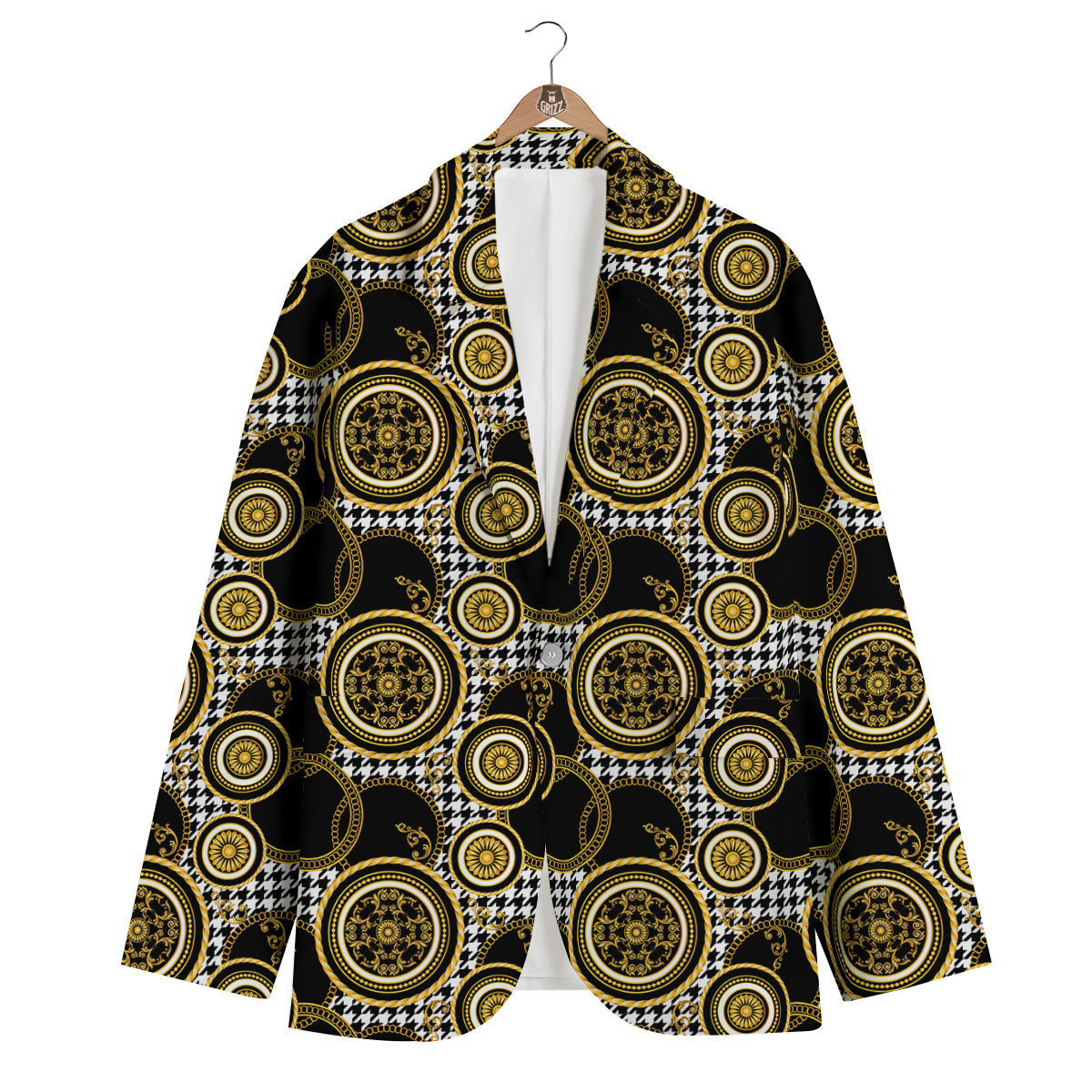 Golden Baroque And Black Houndstooth Print Pattern Men's Blazer-grizzshop