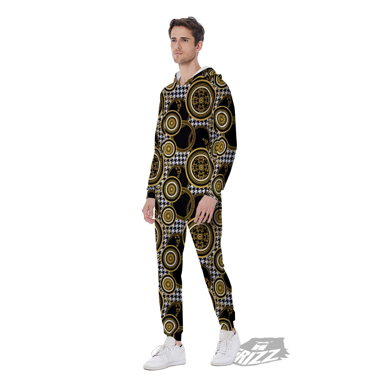 Golden Baroque And Black Houndstooth Print Pattern Men's Jumpsuit-grizzshop