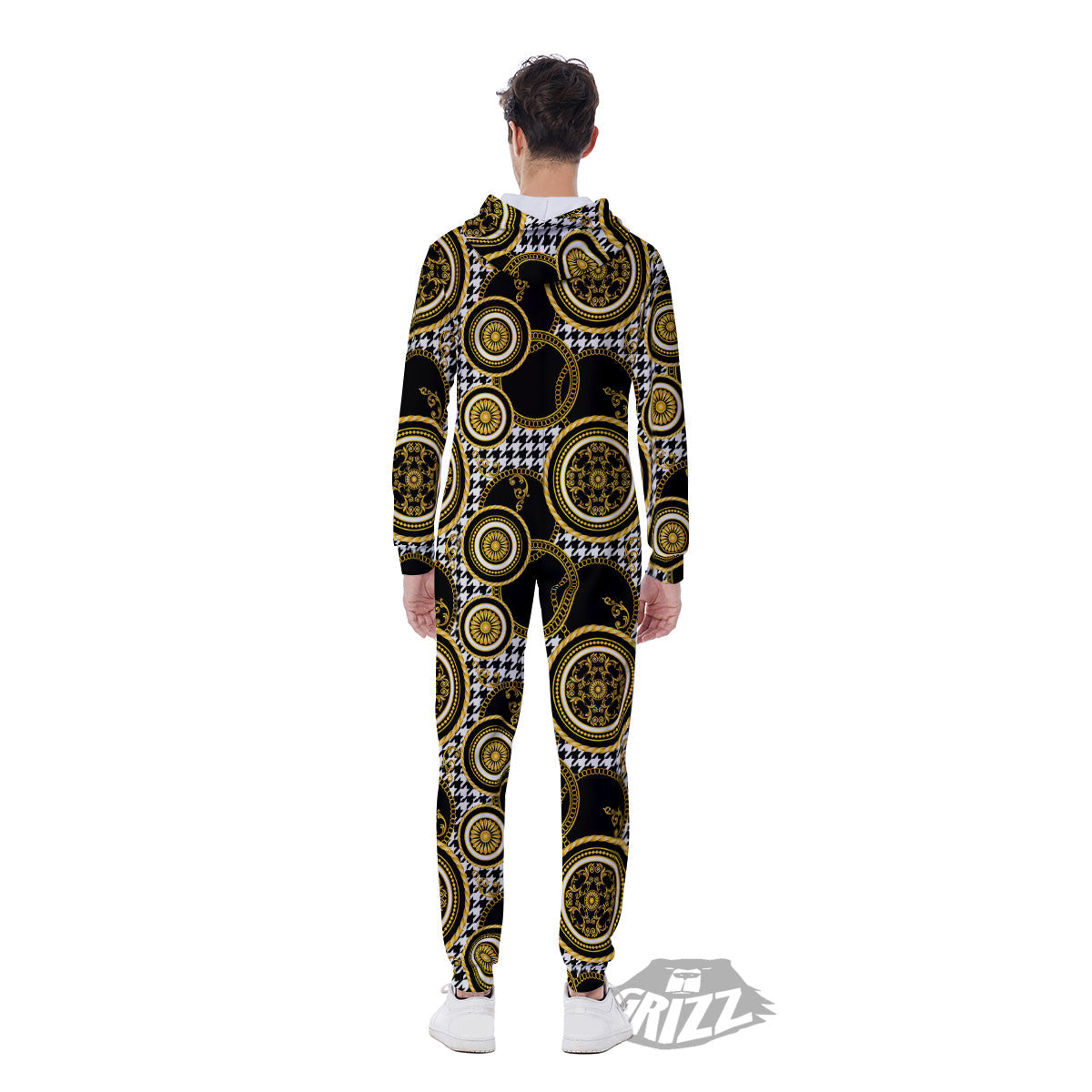 Golden Baroque And Black Houndstooth Print Pattern Men's Jumpsuit-grizzshop