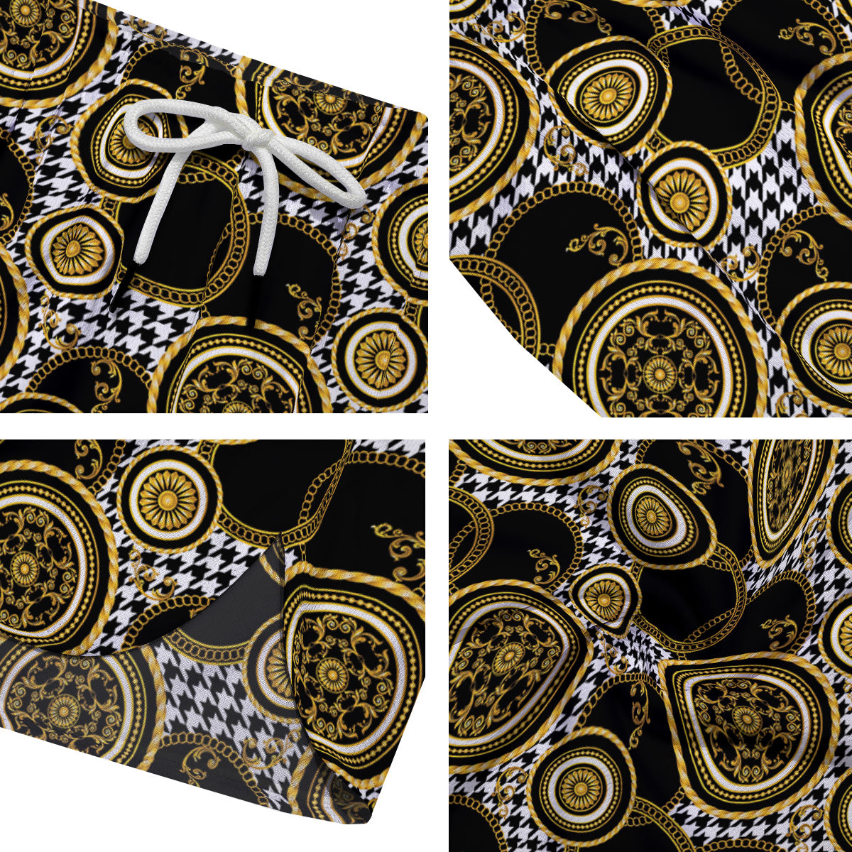 Golden Baroque And Black Houndstooth Print Pattern Men's Running Shorts-grizzshop