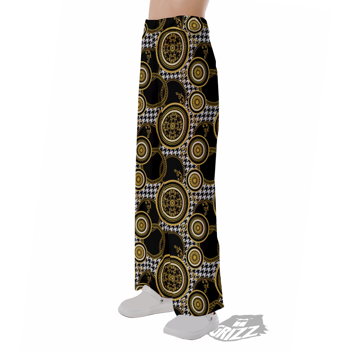 Golden Baroque And Black Houndstooth Print Pattern Pajama Pants-grizzshop