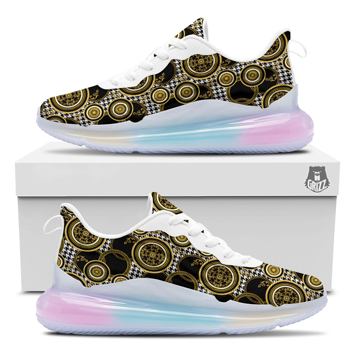 Golden Baroque And Black Houndstooth Print Pattern Running Sneakers-grizzshop