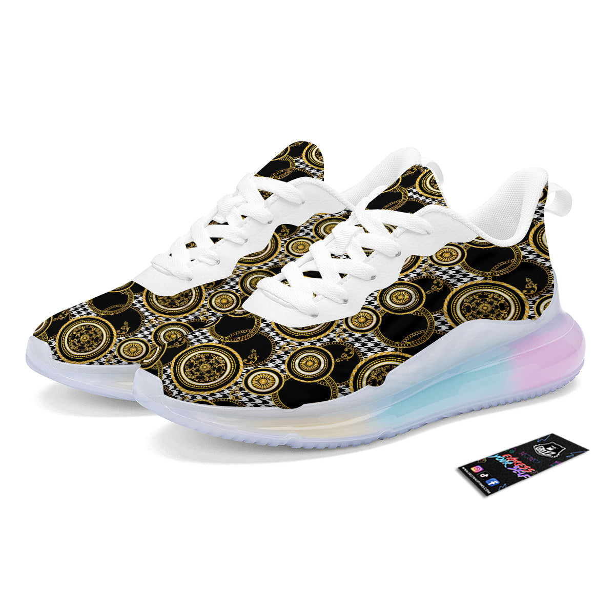 Golden Baroque And Black Houndstooth Print Pattern Running Sneakers-grizzshop