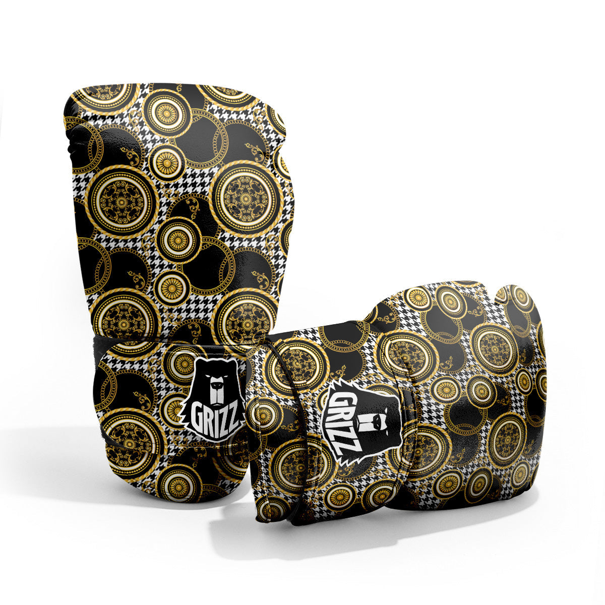 Golden Baroque And Black Houndstooth Print Pattern Pro Boxing Glove