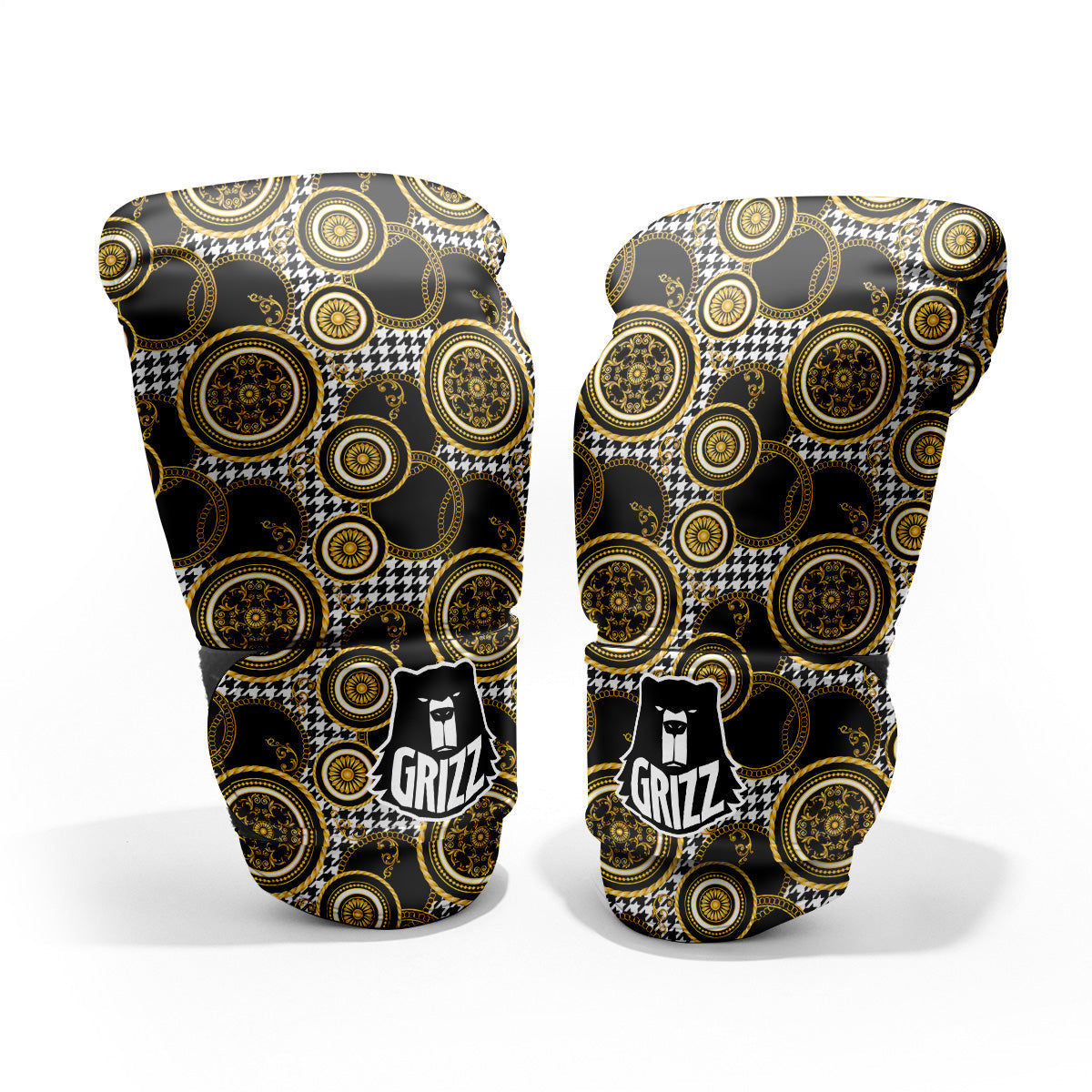 Golden Baroque And Black Houndstooth Print Pattern Pro Boxing Glove