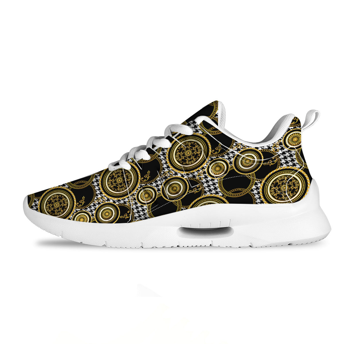 Golden Baroque And Black Houndstooth Print Pattern Tennis Shoes-grizzshop