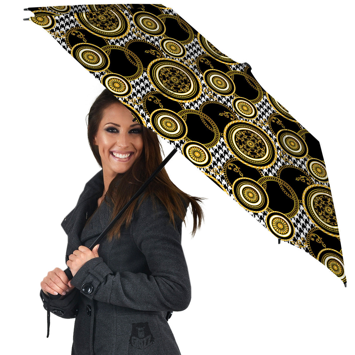 Golden Baroque And Black Houndstooth Print Pattern Umbrella-grizzshop