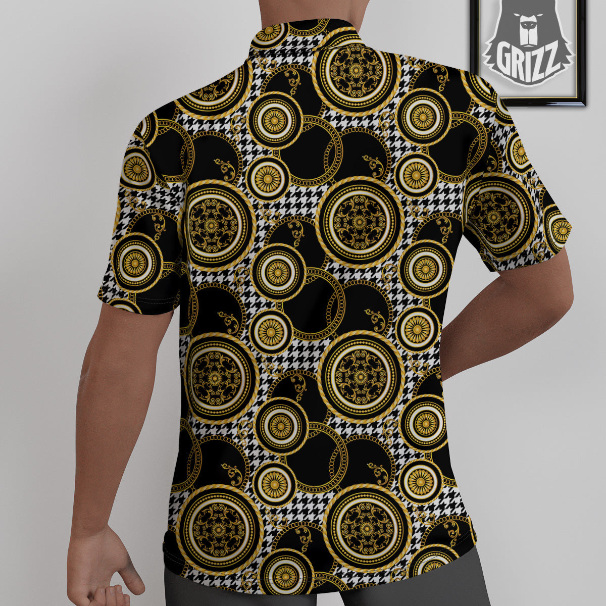 Golden Baroque And Black Houndstooth Print Pattern Untucked Shirts-grizzshop