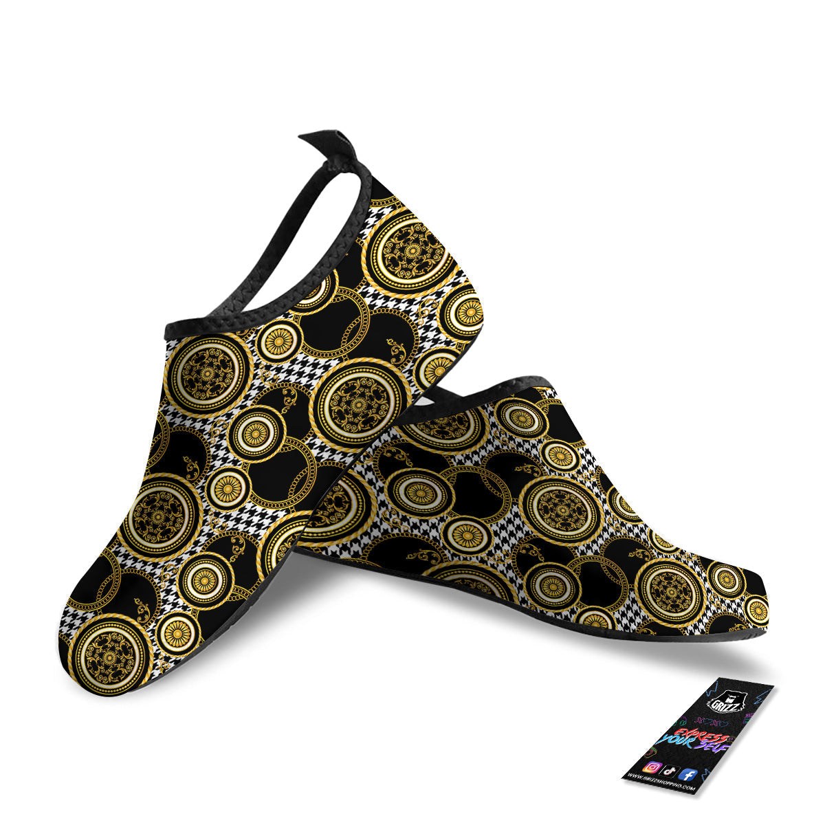 Golden Baroque And Black Houndstooth Print Pattern Water Shoes-grizzshop