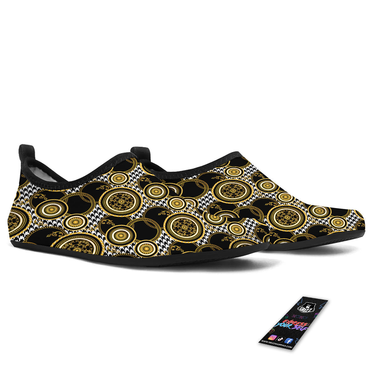 Golden Baroque And Black Houndstooth Print Pattern Water Shoes-grizzshop