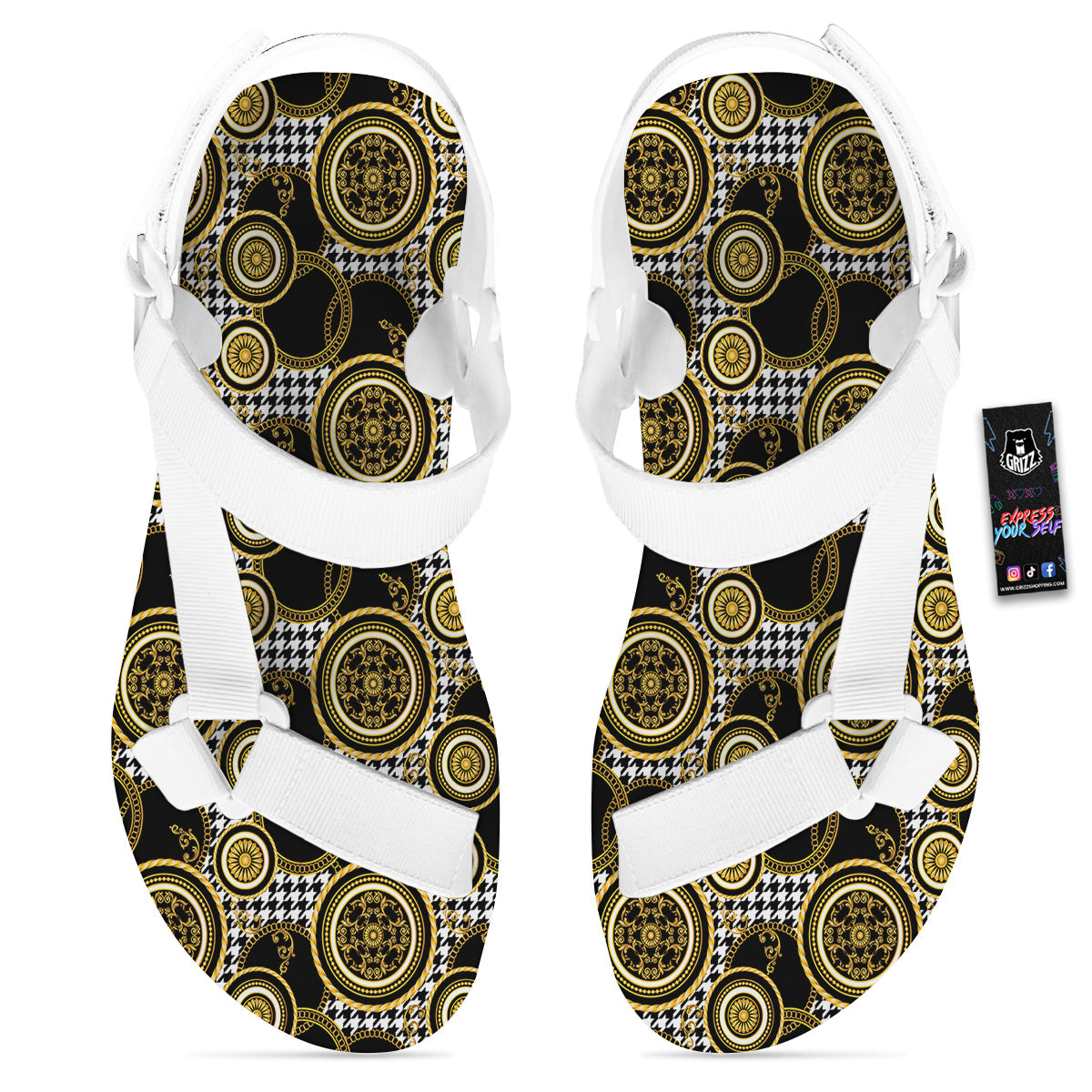 Golden Baroque And Black Houndstooth Print Pattern White Open Toe Sandals-grizzshop