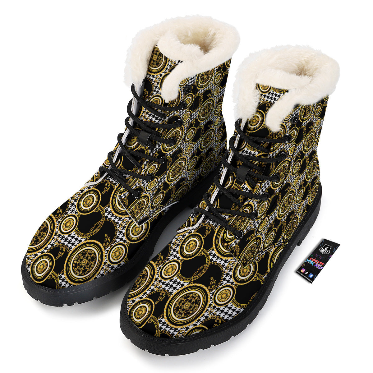 Golden Baroque And Black Houndstooth Print Pattern Winter Boots-grizzshop