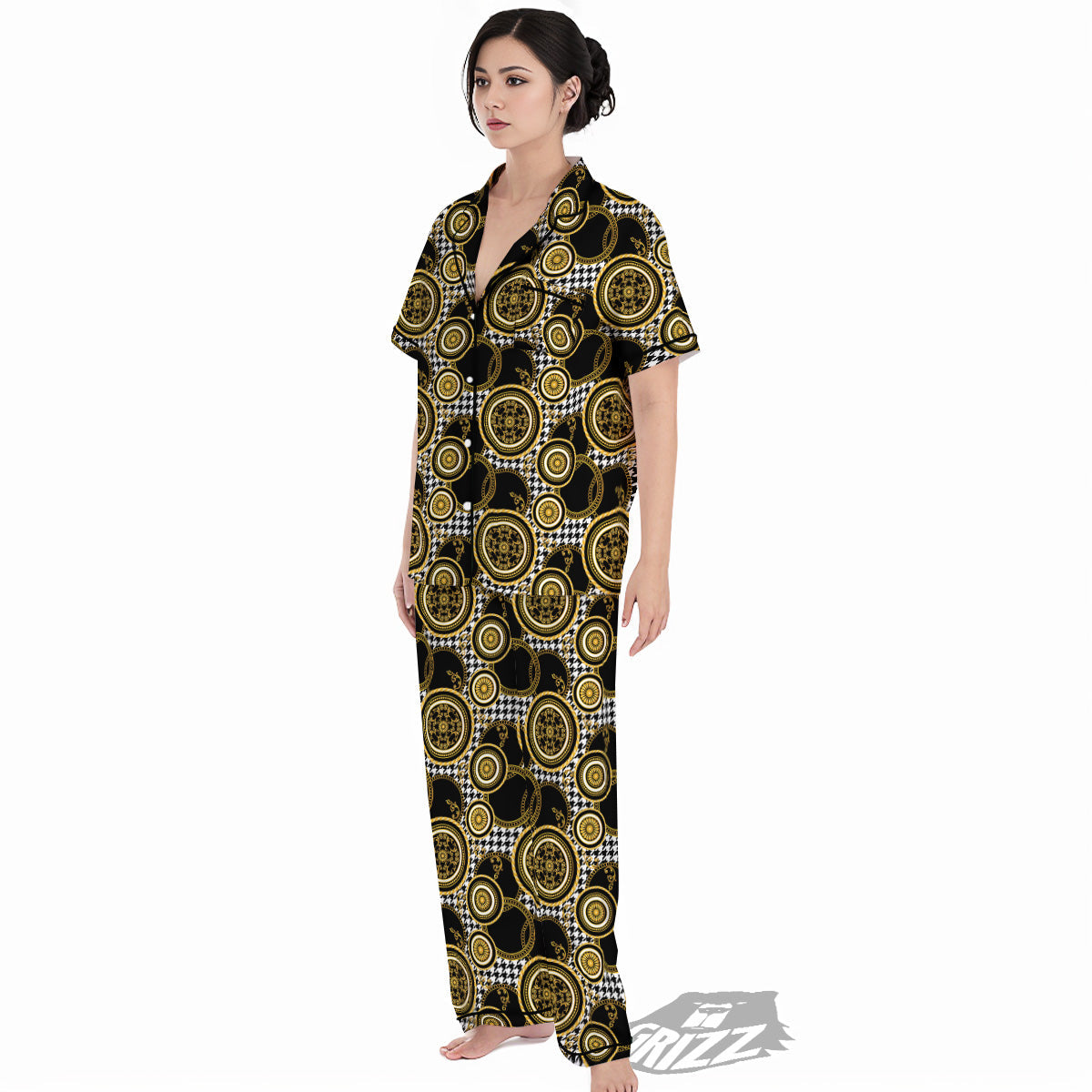 Golden Baroque And Black Houndstooth Print Pattern Women's Pajamas Set-grizzshop