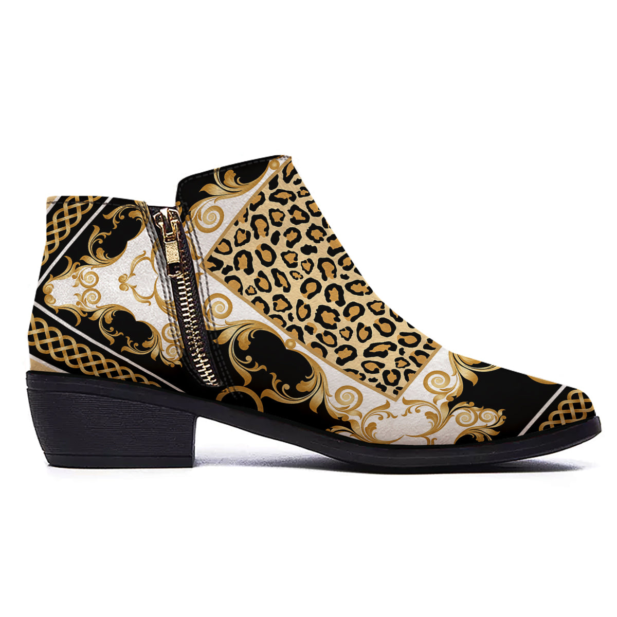 Golden Baroque And Leopard Print Ankle Boots-grizzshop