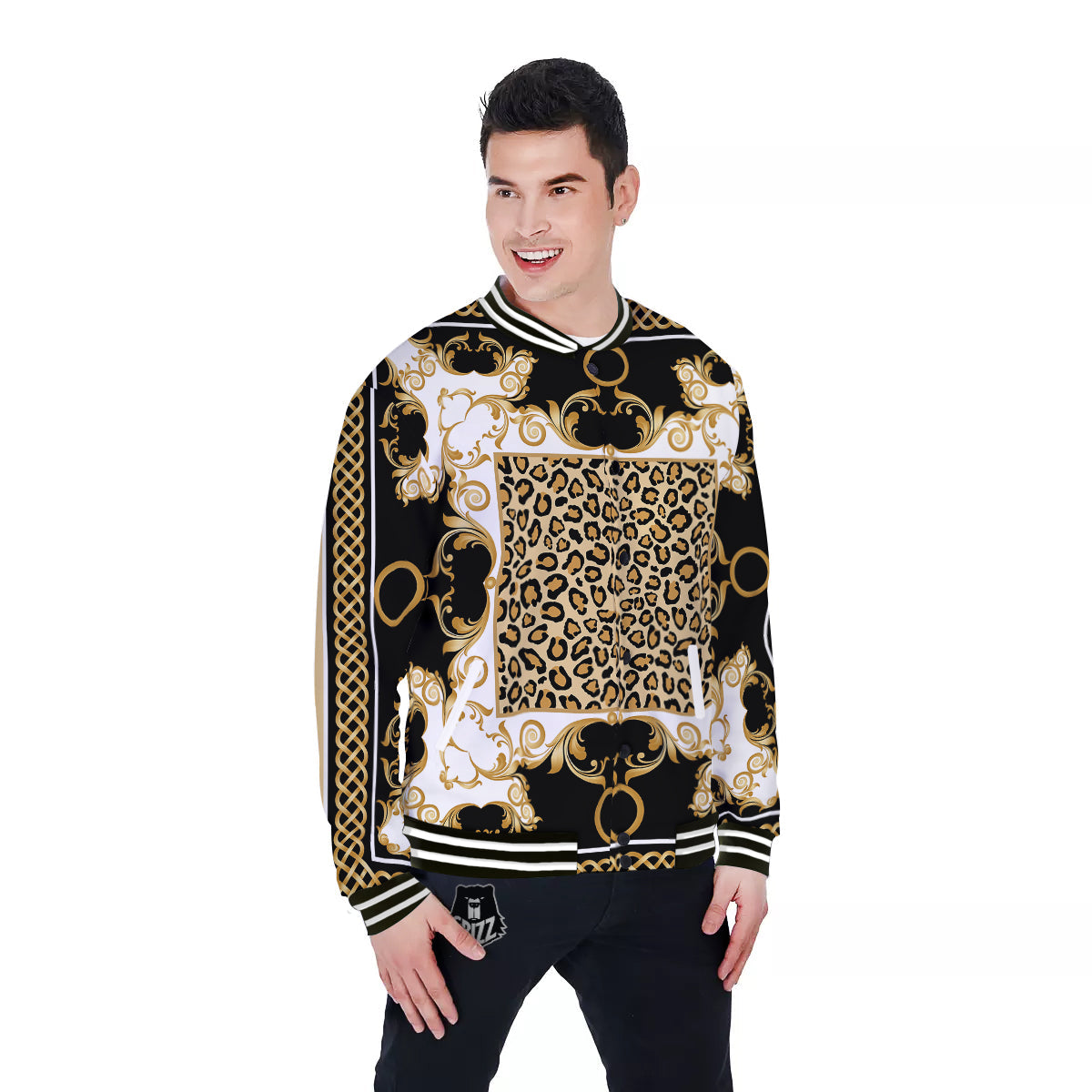 Golden Baroque And Leopard Print Baseball Jacket-grizzshop