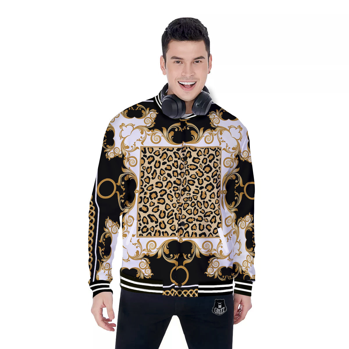 Golden Baroque And Leopard Print Baseball Jacket-grizzshop