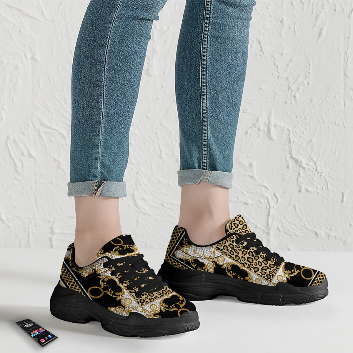 Golden Baroque And Leopard Print Black Chunky Shoes-grizzshop