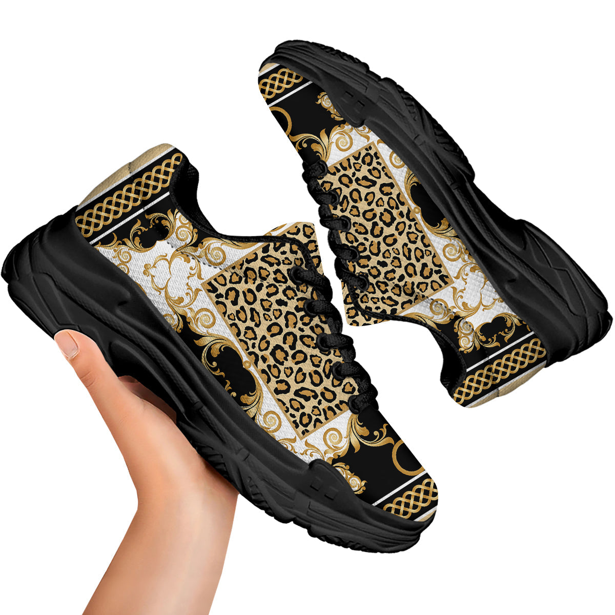 Golden Baroque And Leopard Print Black Chunky Shoes-grizzshop