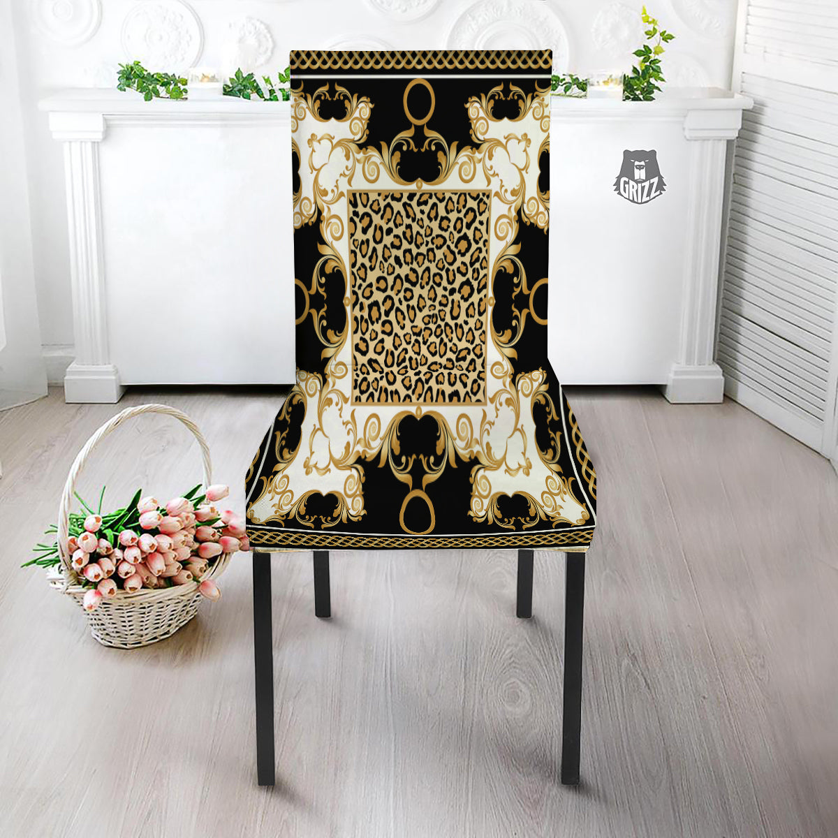 Golden Baroque And Leopard Print Dining Chair Slipcover-grizzshop