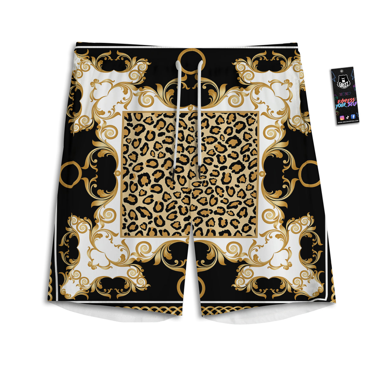 Golden Baroque And Leopard Print Men's Athletic Shorts