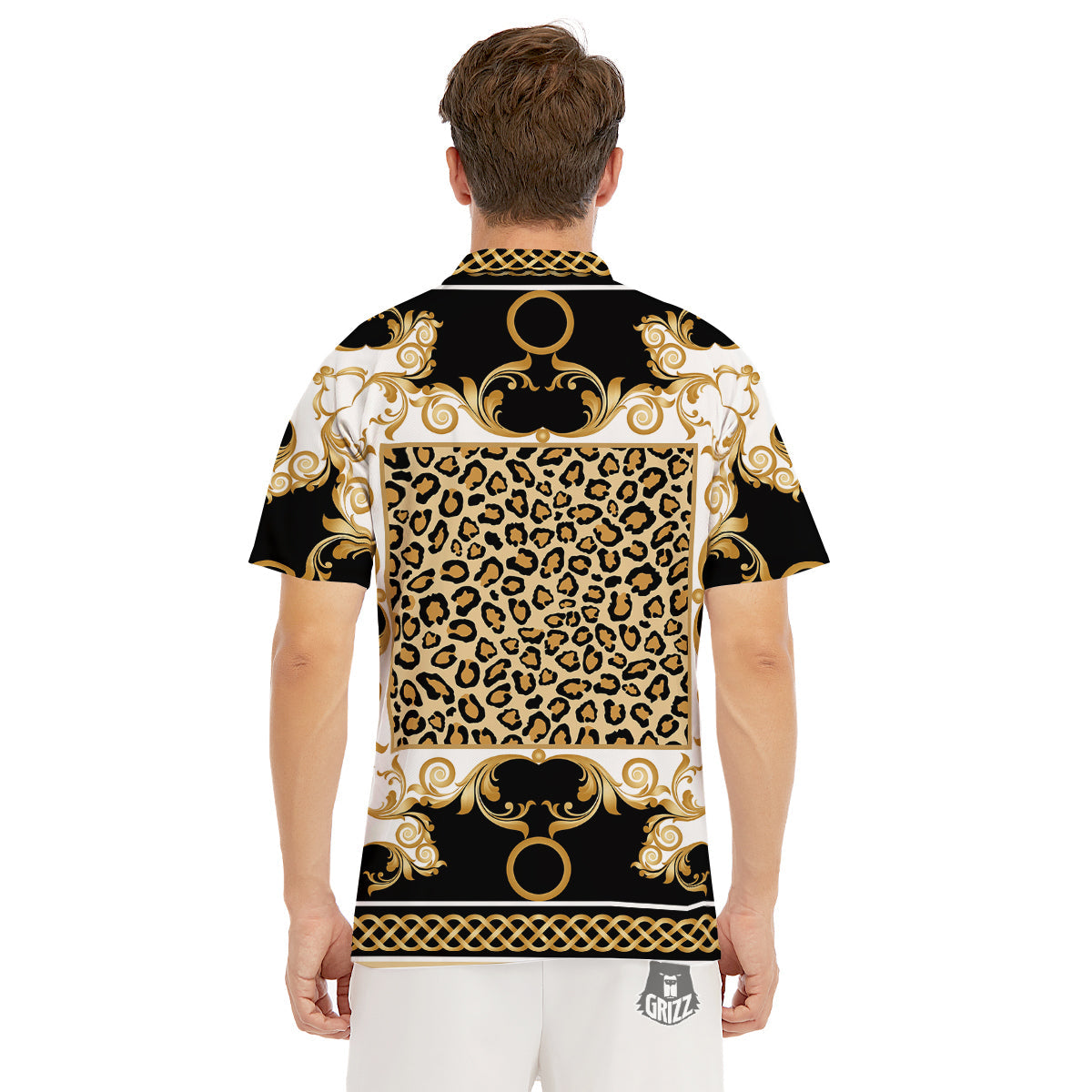 Golden Baroque And Leopard Print Men's Golf Shirts-grizzshop