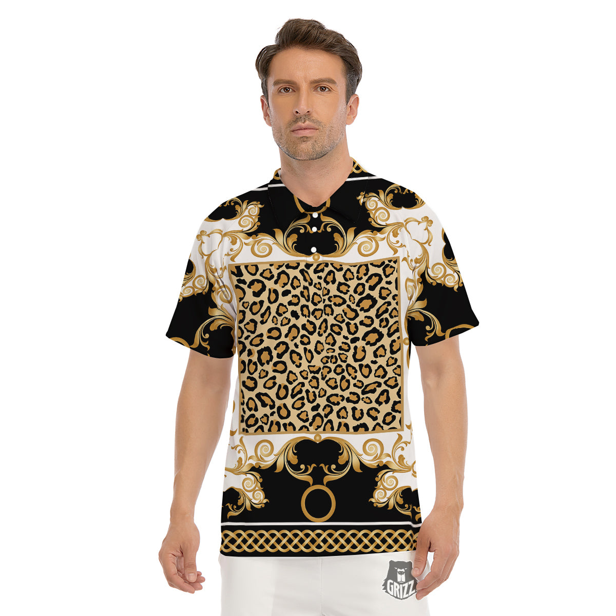 Golden Baroque And Leopard Print Men's Golf Shirts-grizzshop