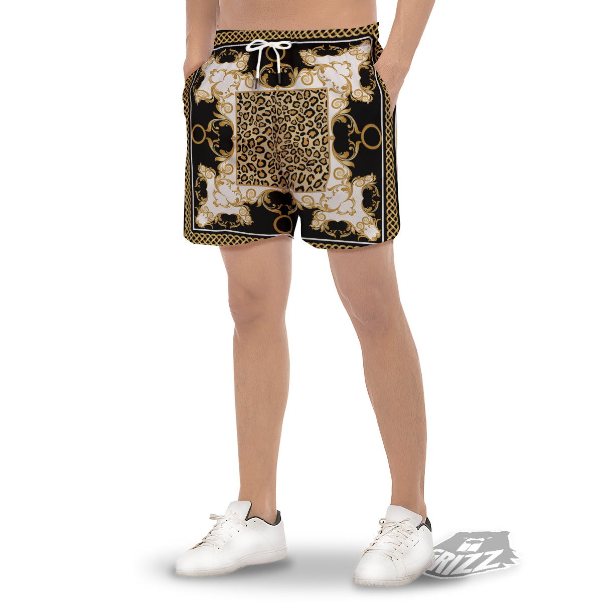 Golden Baroque And Leopard Print Men's Gym Shorts-grizzshop