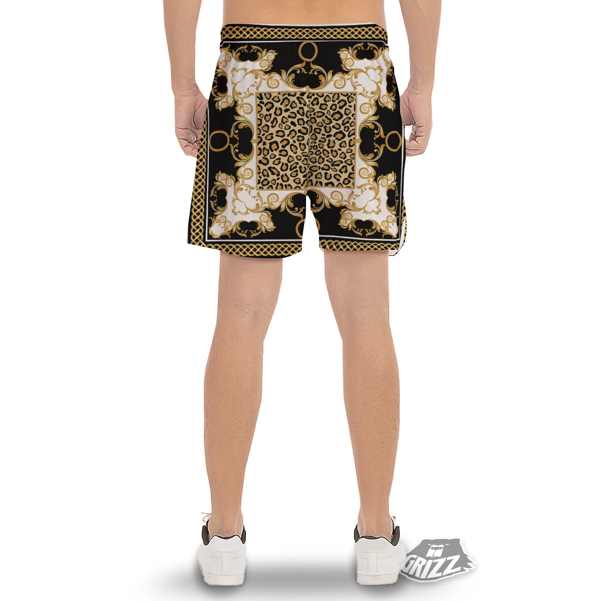 Golden Baroque And Leopard Print Men's Gym Shorts-grizzshop
