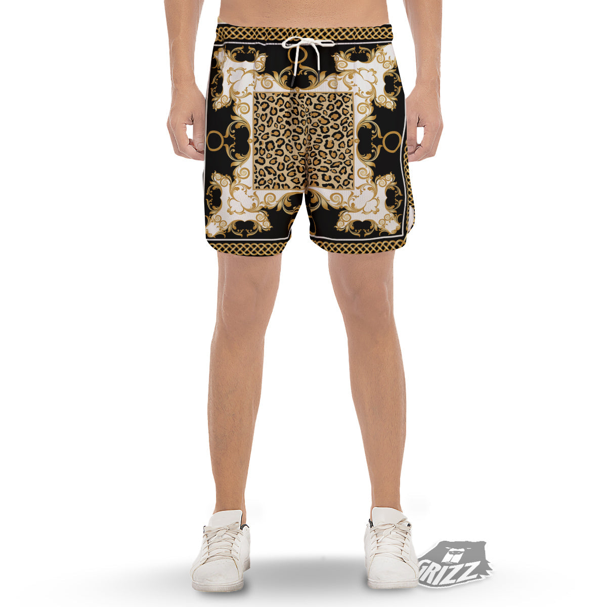 Golden Baroque And Leopard Print Men's Gym Shorts-grizzshop