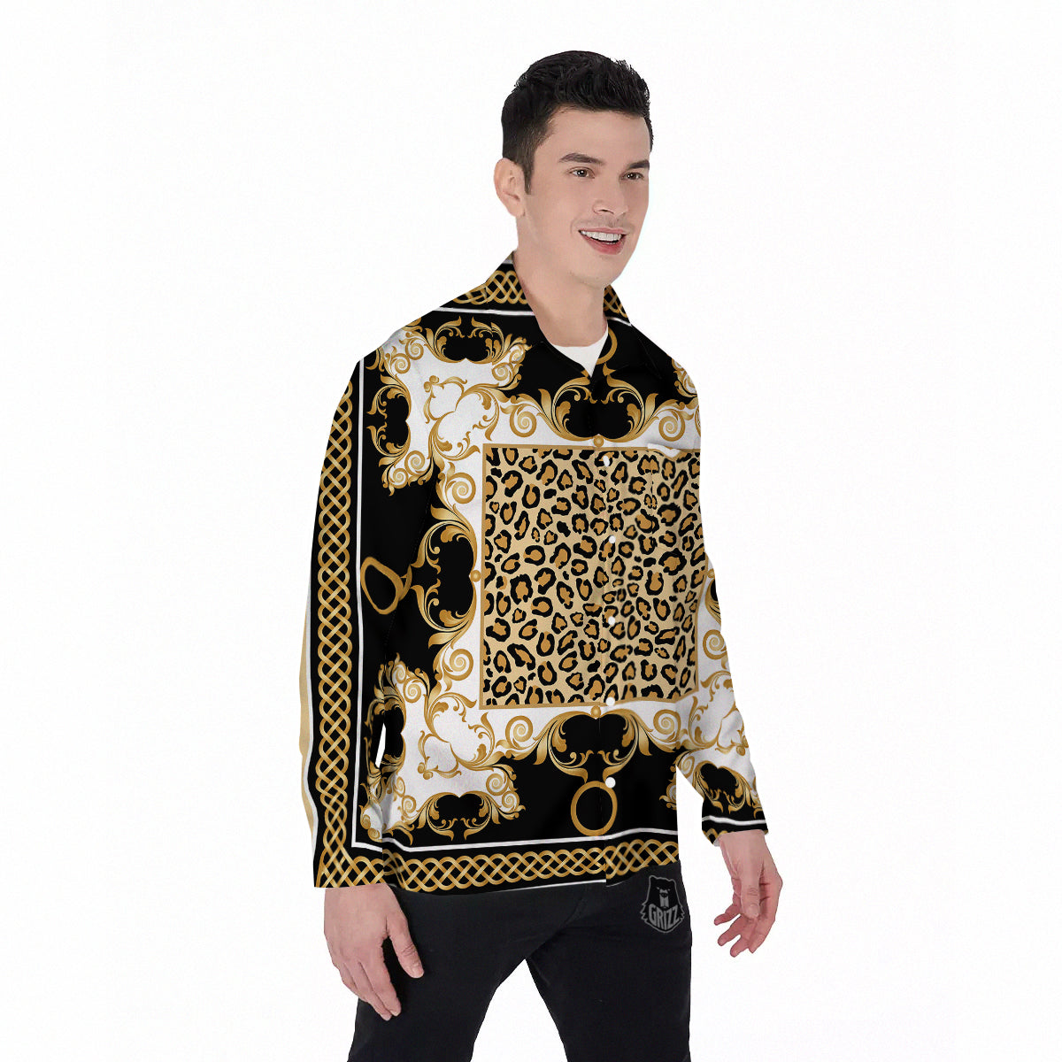Golden Baroque And Leopard Print Men's Long Sleeve Shirts-grizzshop