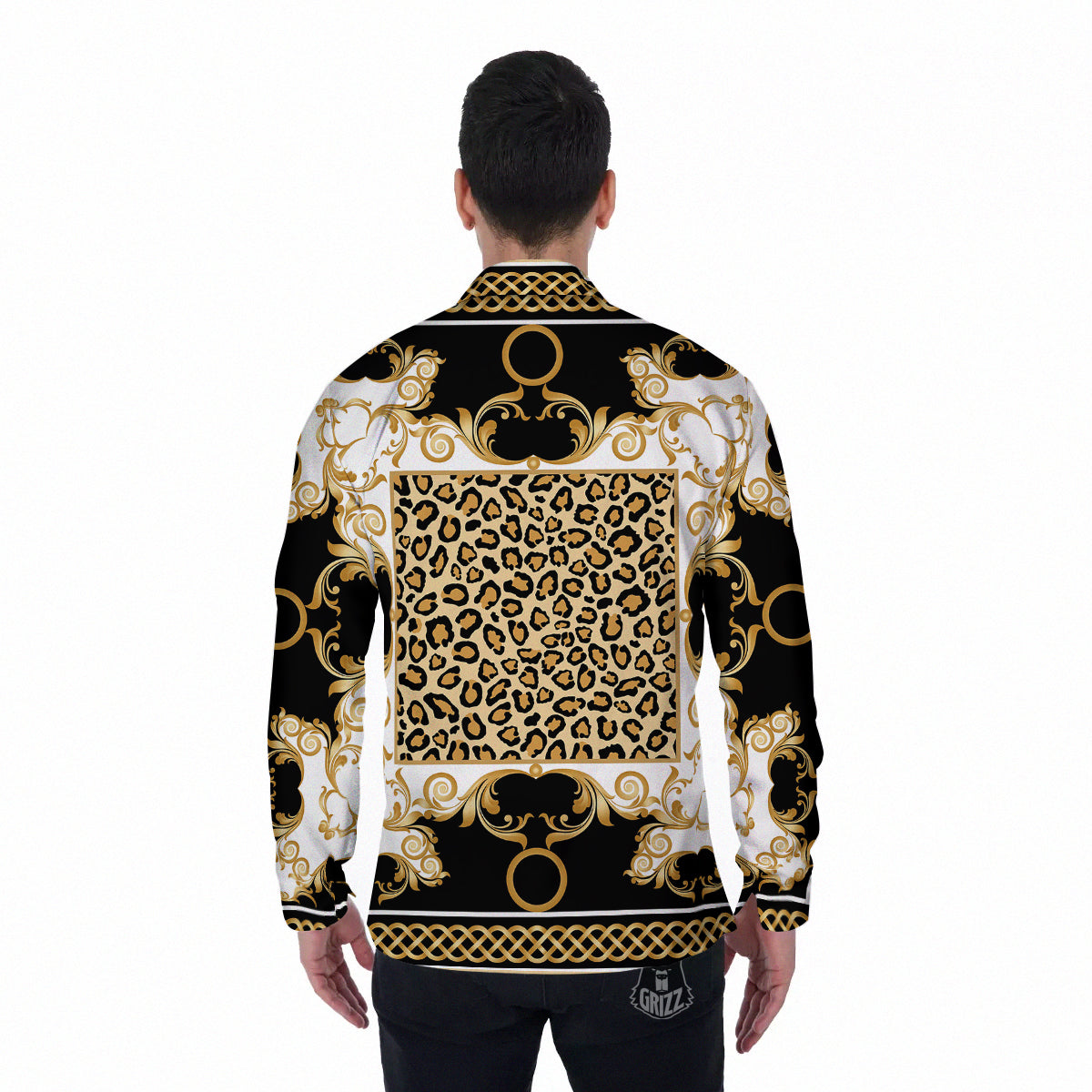 Golden Baroque And Leopard Print Men's Long Sleeve Shirts-grizzshop