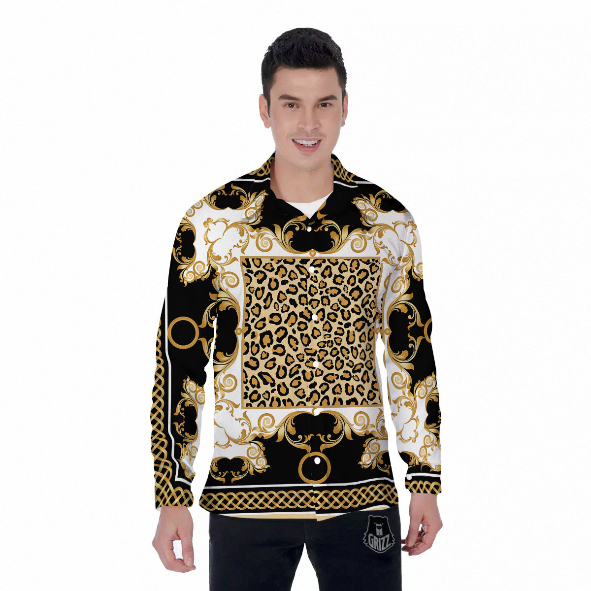 Golden Baroque And Leopard Print Men's Long Sleeve Shirts-grizzshop